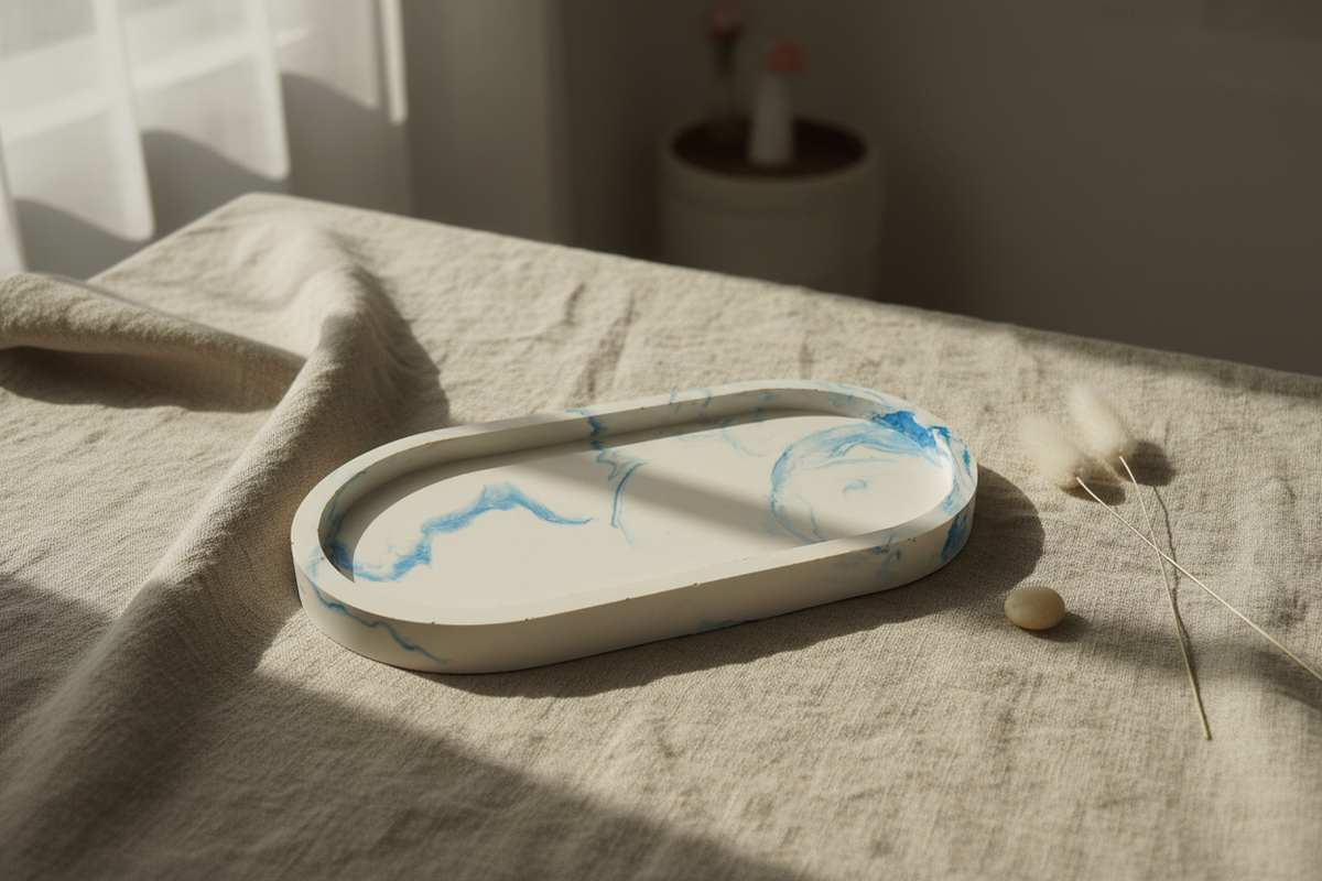 Blue Swirl Tray on Linen Table
