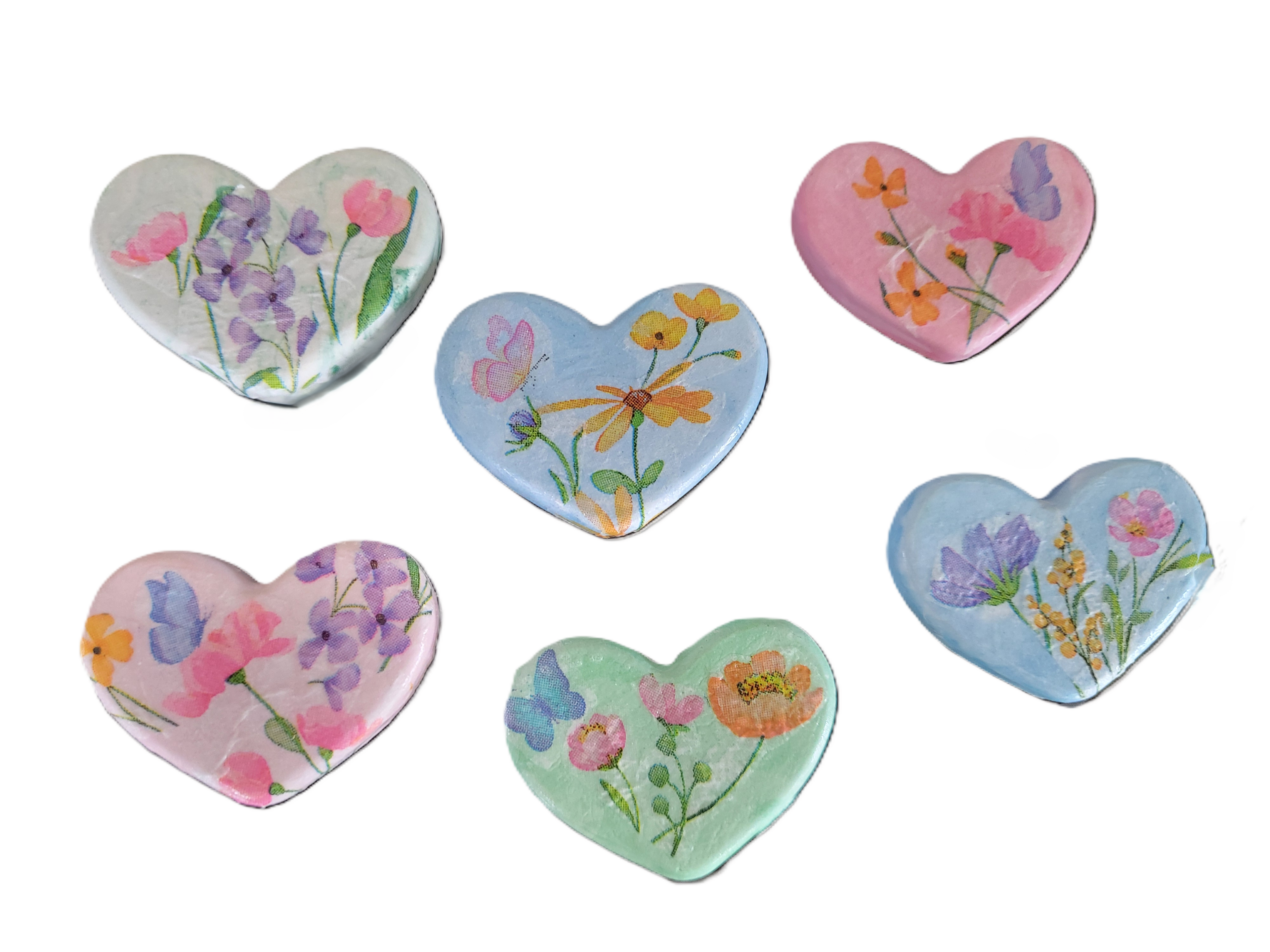 Handmade Floral Decoupage Heart Magnets — Set of 6 | Unique Gift Idea