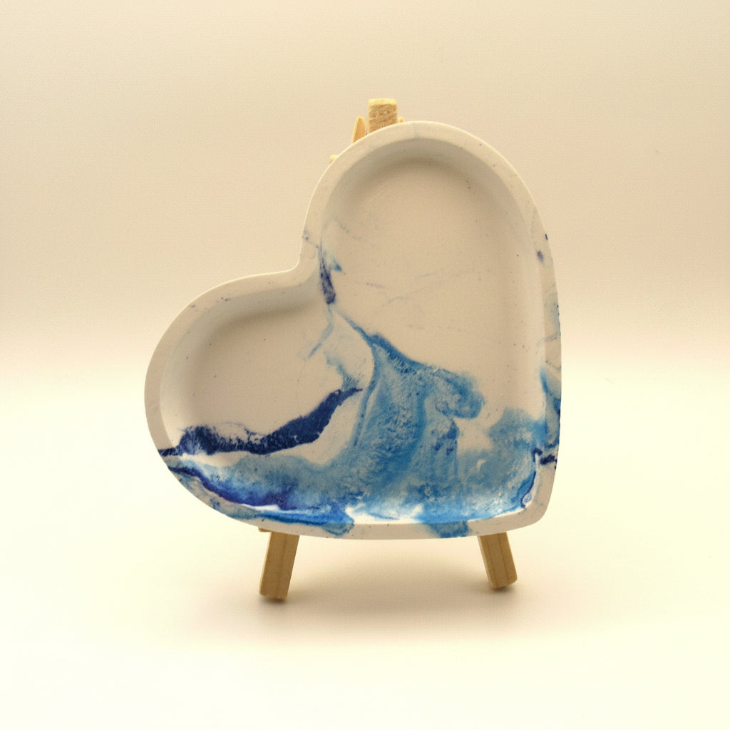 Handmade Plaster Heart Trinket Dish — Unique Gift for Her | Blue Swirl