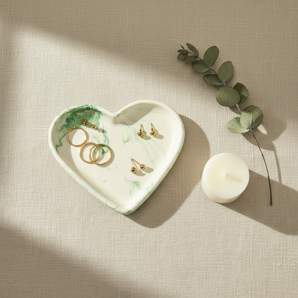 Handmade Plaster Heart Trinket Dish — Unique Gift for Her | Green Swirl