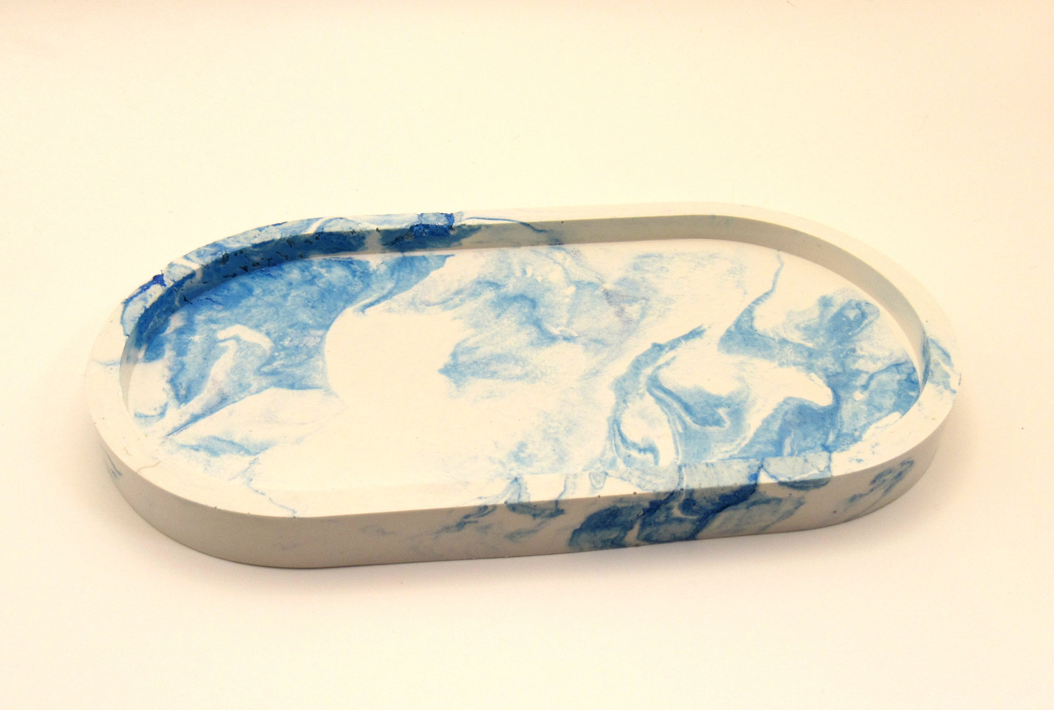 Handmade Plaster Oblong Tray — Artisan Home Decor | Blue or Green Swirl