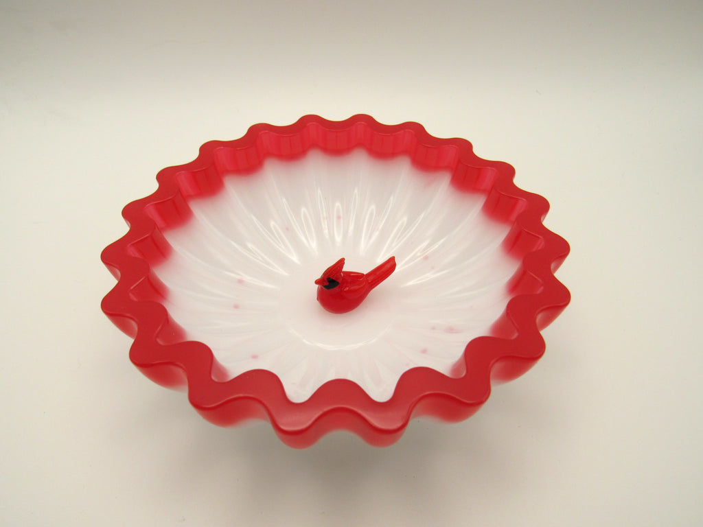 Holiday Red & White Scalloped Trinket Bowl with Cardinal | Festive Holiday Decor