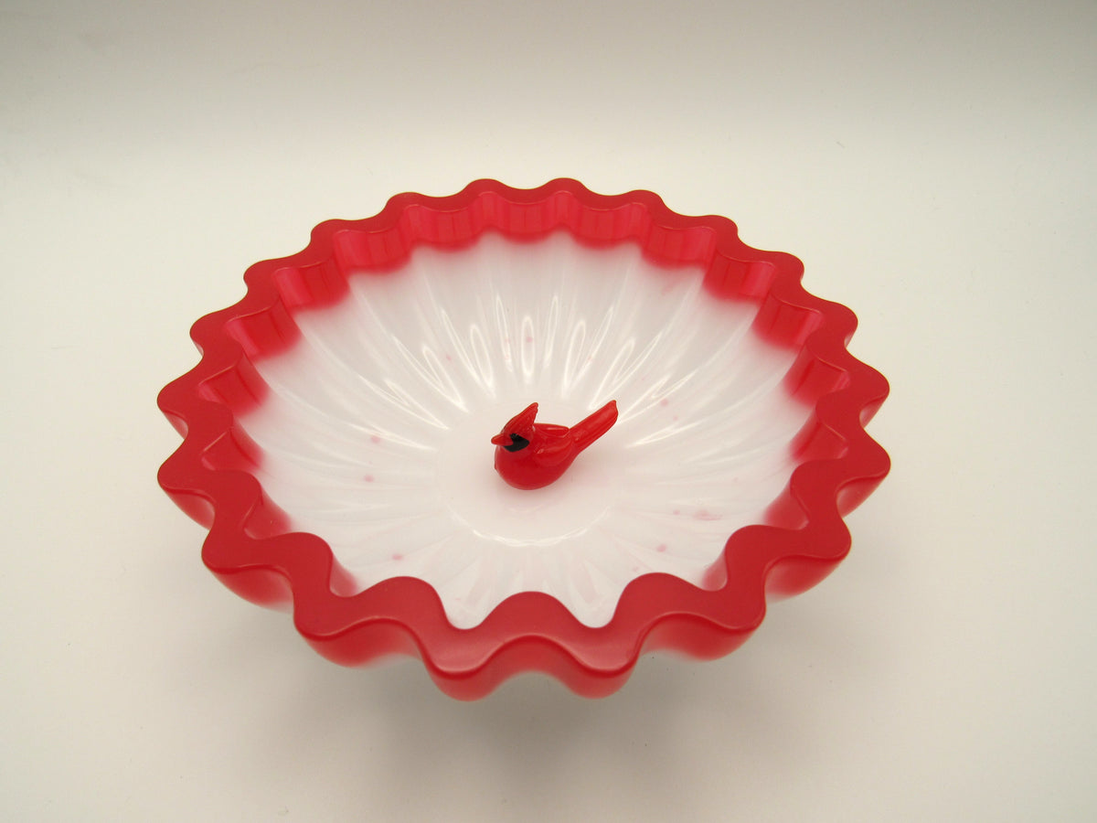 Holiday Red & White Scalloped Trinket Bowl with Cardinal | Festive Holiday Decor