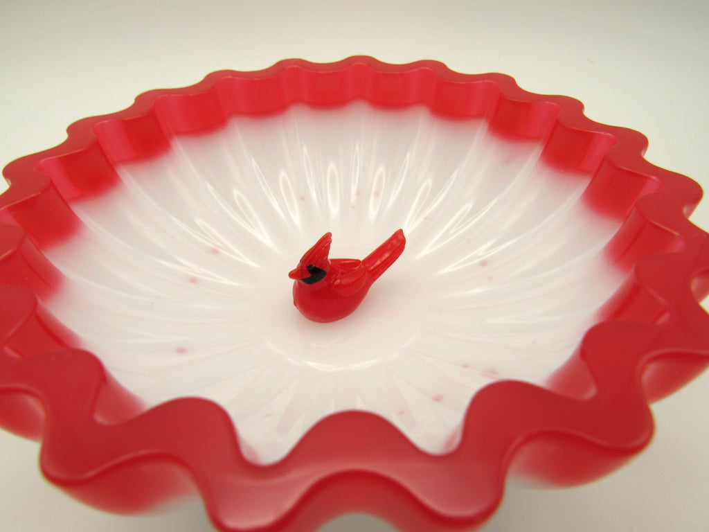 Holiday Red & White Scalloped Trinket Bowl with Cardinal | Festive Holiday Decor
