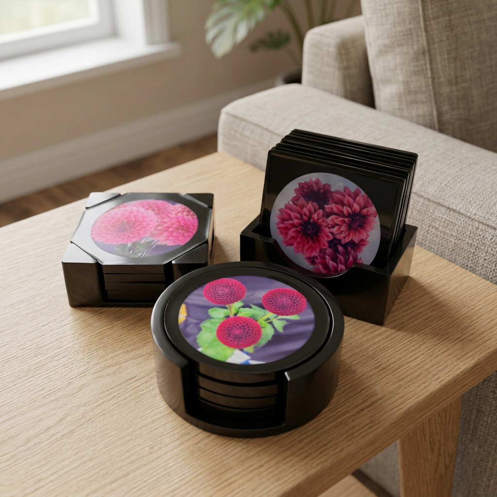 All three dahlia coaster sets together on a side table