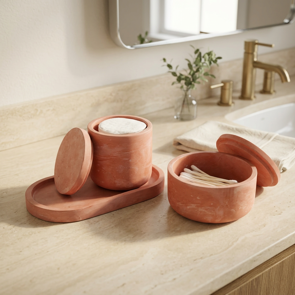 Bathroom lifestyle image featuring coral plaster canisters and tray on a softly lit vanity