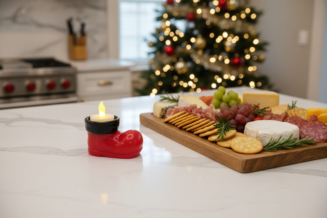 Black and Red Santa Boot Votive on Kitchen Island with Charcuterie Board
