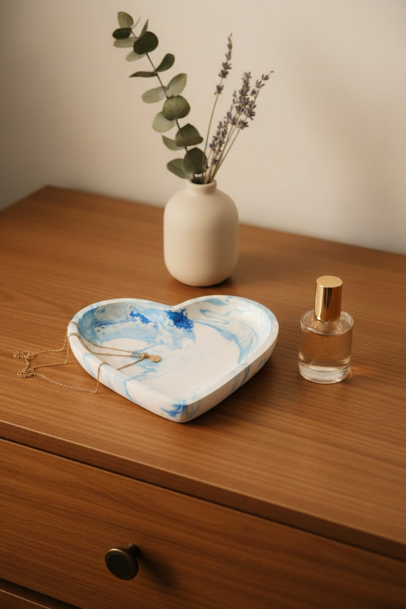 Blue Heart 4 tray on dresser