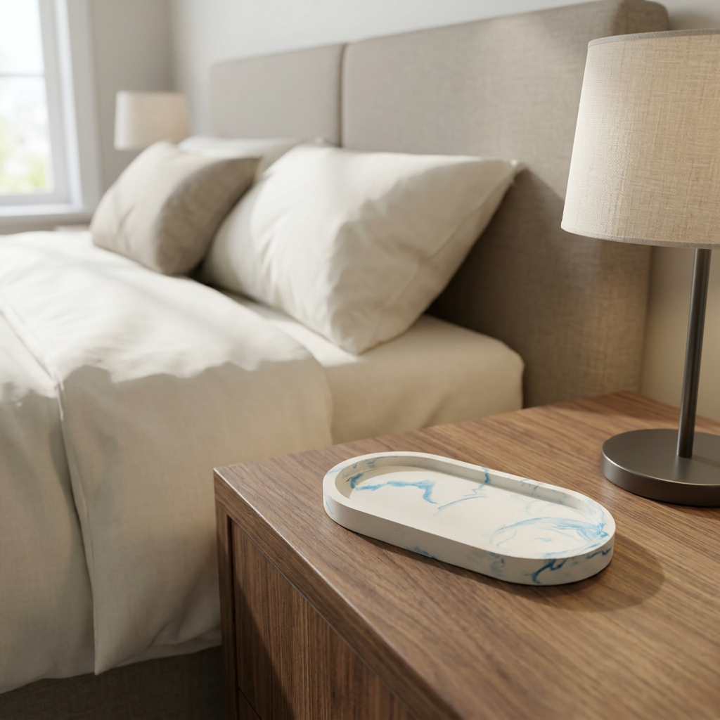 Blue swirl tray on a contemporary nightstand