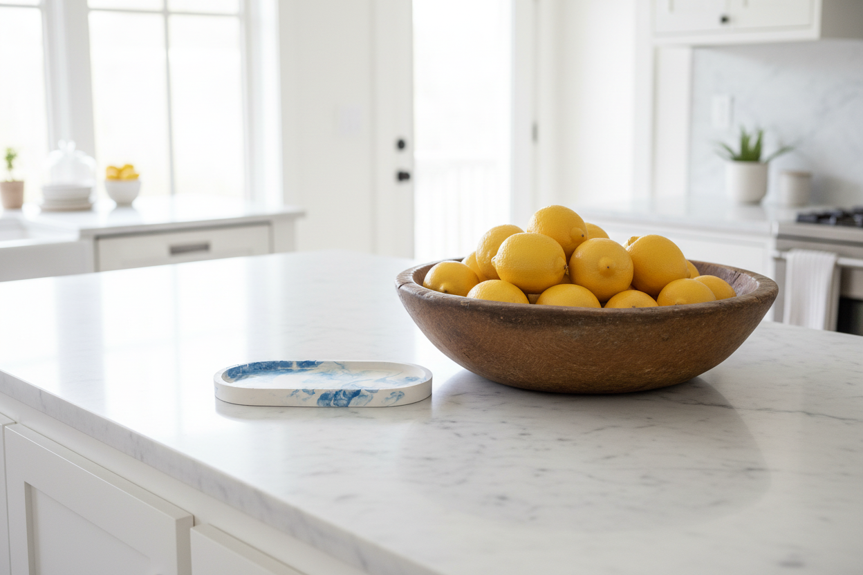 Blue Swirl Tray Small Scale on Kitchen Island