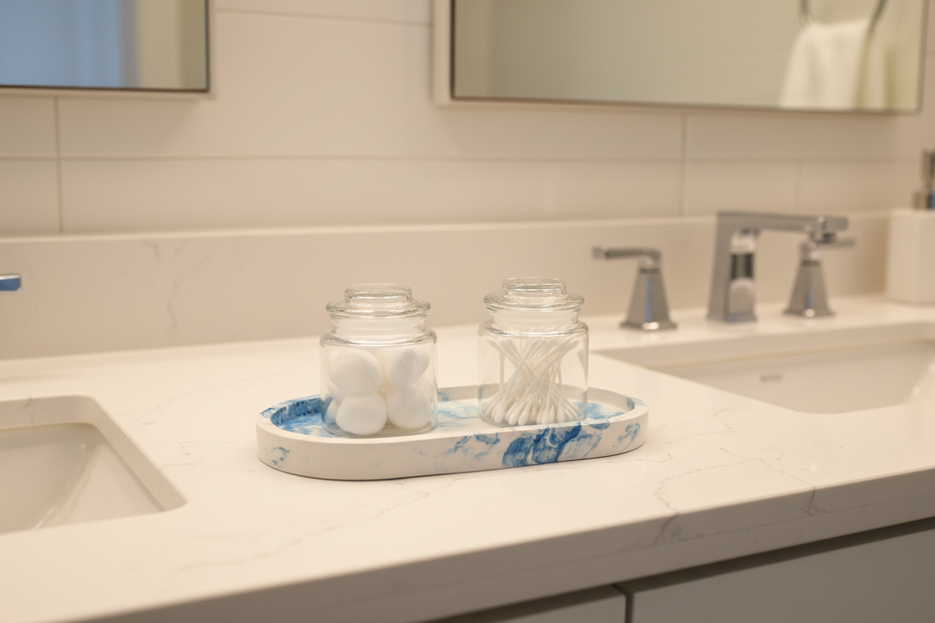 Blue Swirl Tray with Cotton Balls and Q-tips in Bathroom