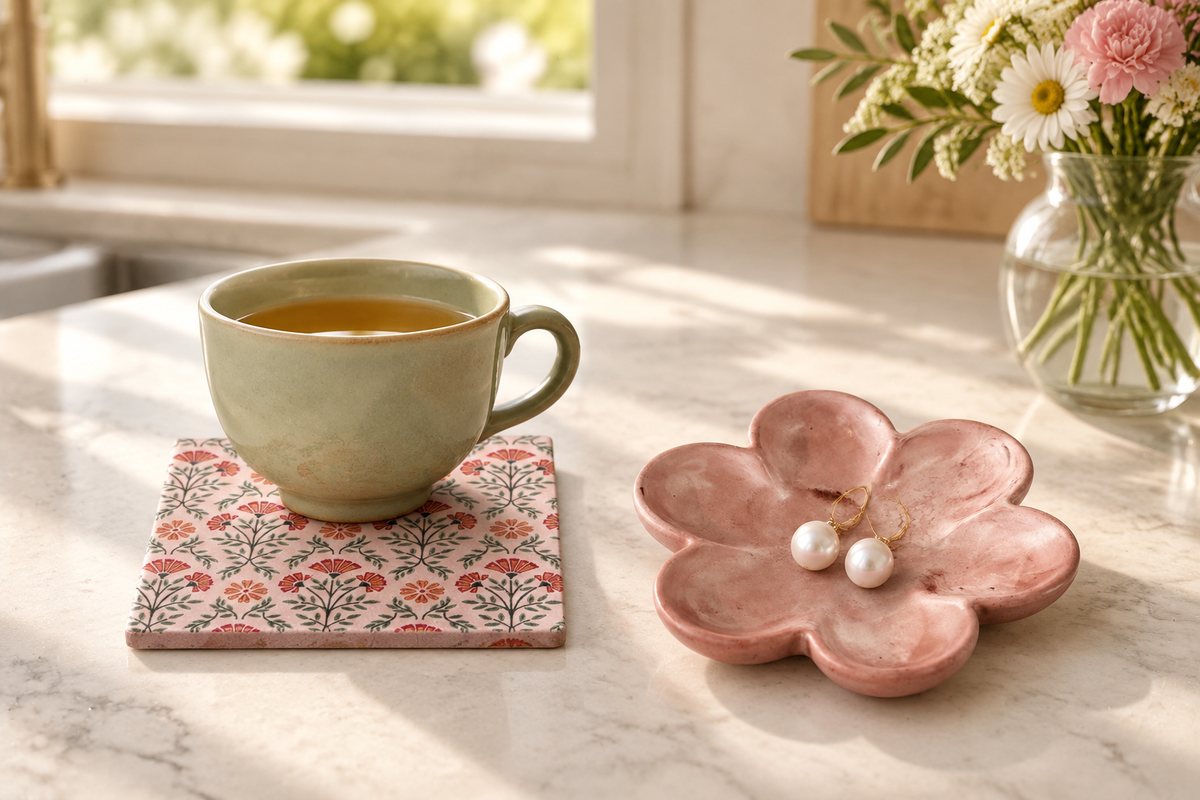 Brown coaster and flower trinket dish styled on a modern kitchen counter with a sage-green teacup, pearl earrings, flowers, and a sunlit window