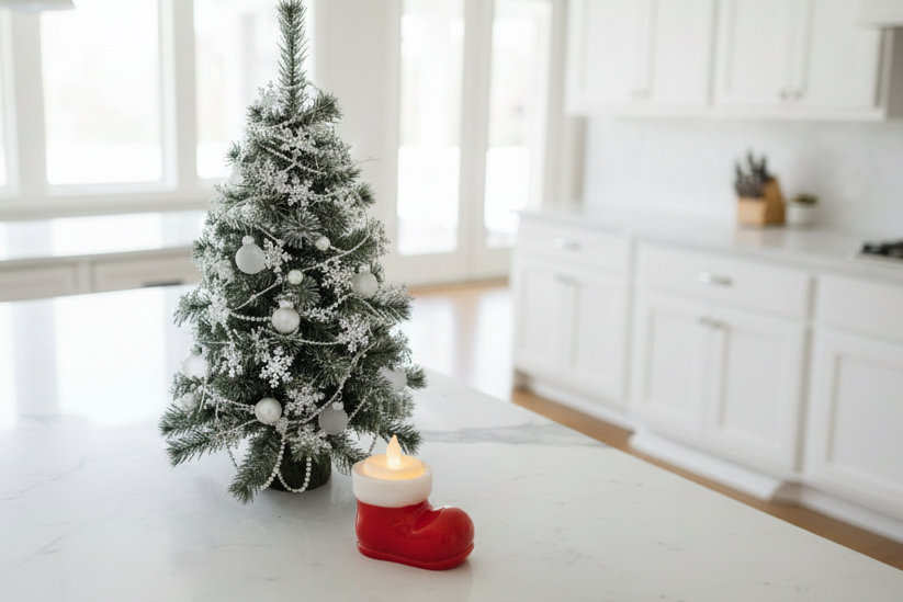 Christmas Tree with Santa Boot Votive on Kitchen Island