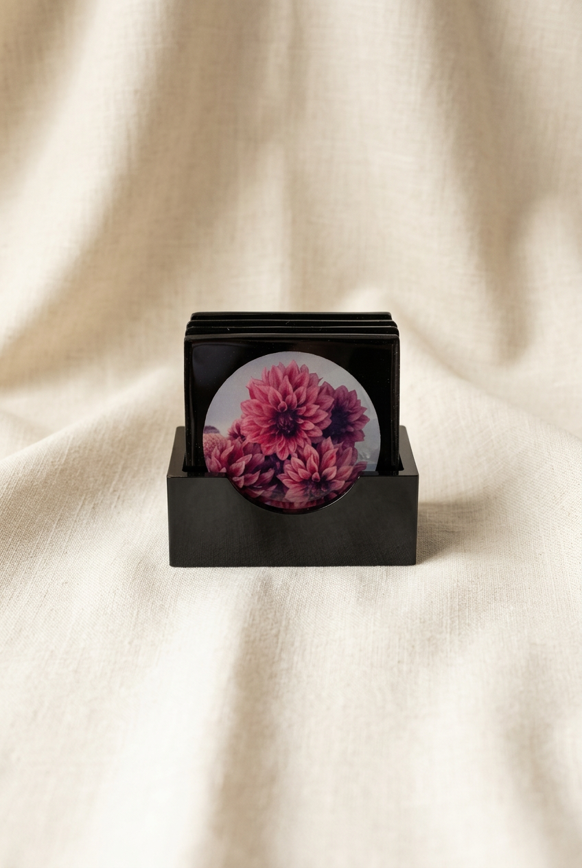 Coaster set with a soft ivory linen background