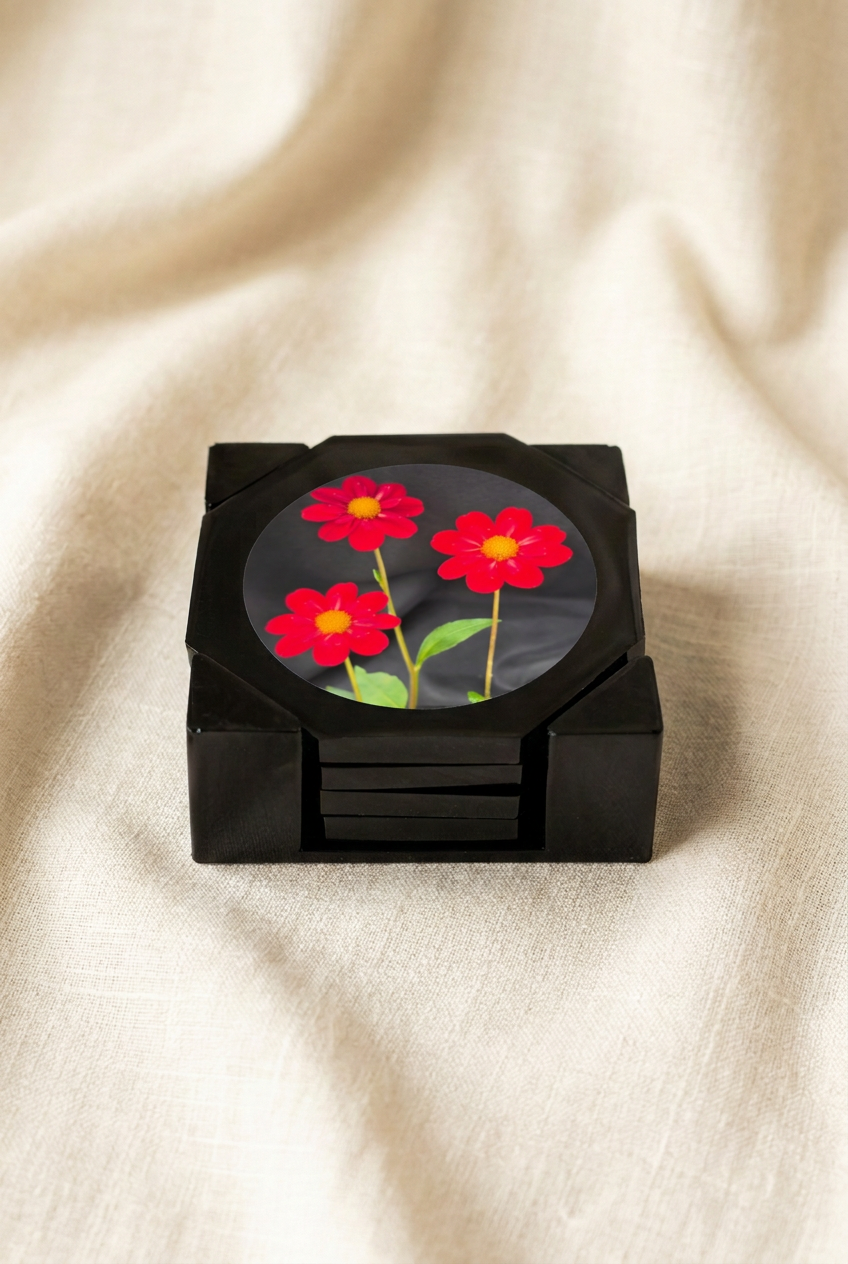 Coaster set with red flowers on the top coaster