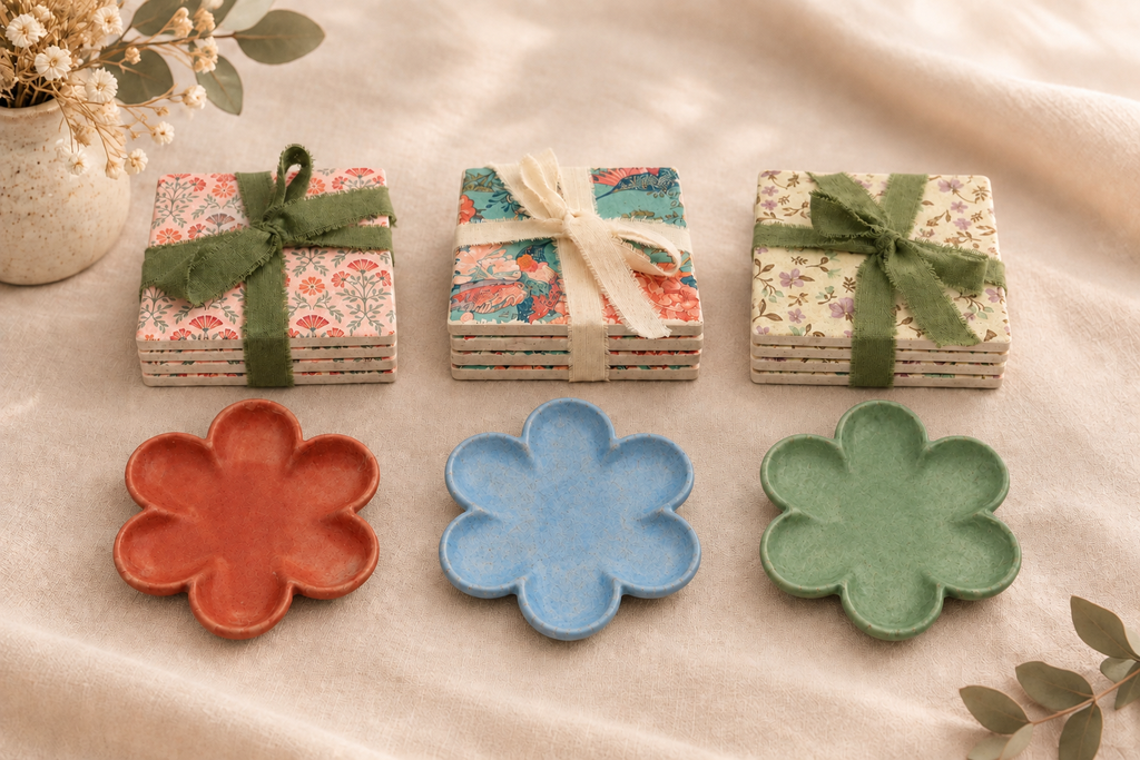 Coaster sets with terracotta, blue and green flower dishes in front, blue in the middle