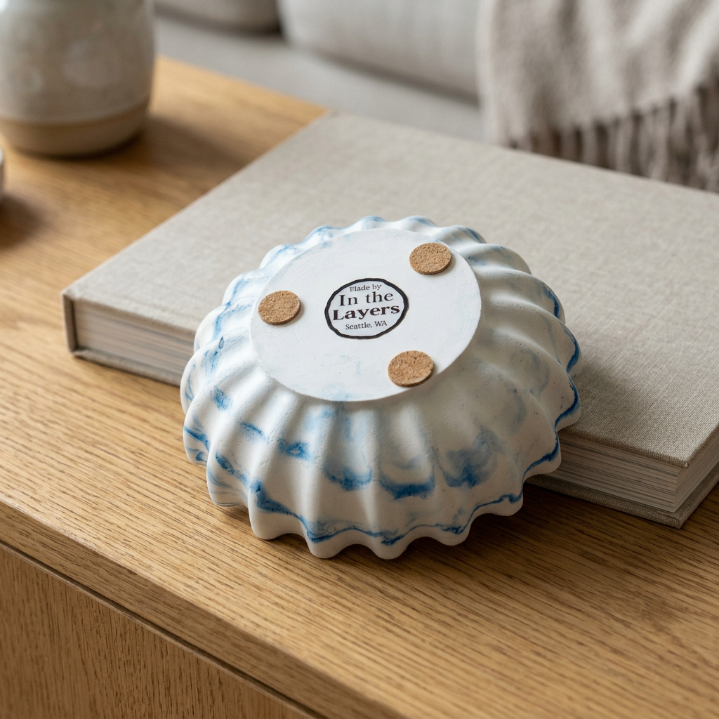 Coaster-sized bowl tilted on the edge of a book with its cork pads and sticker visible