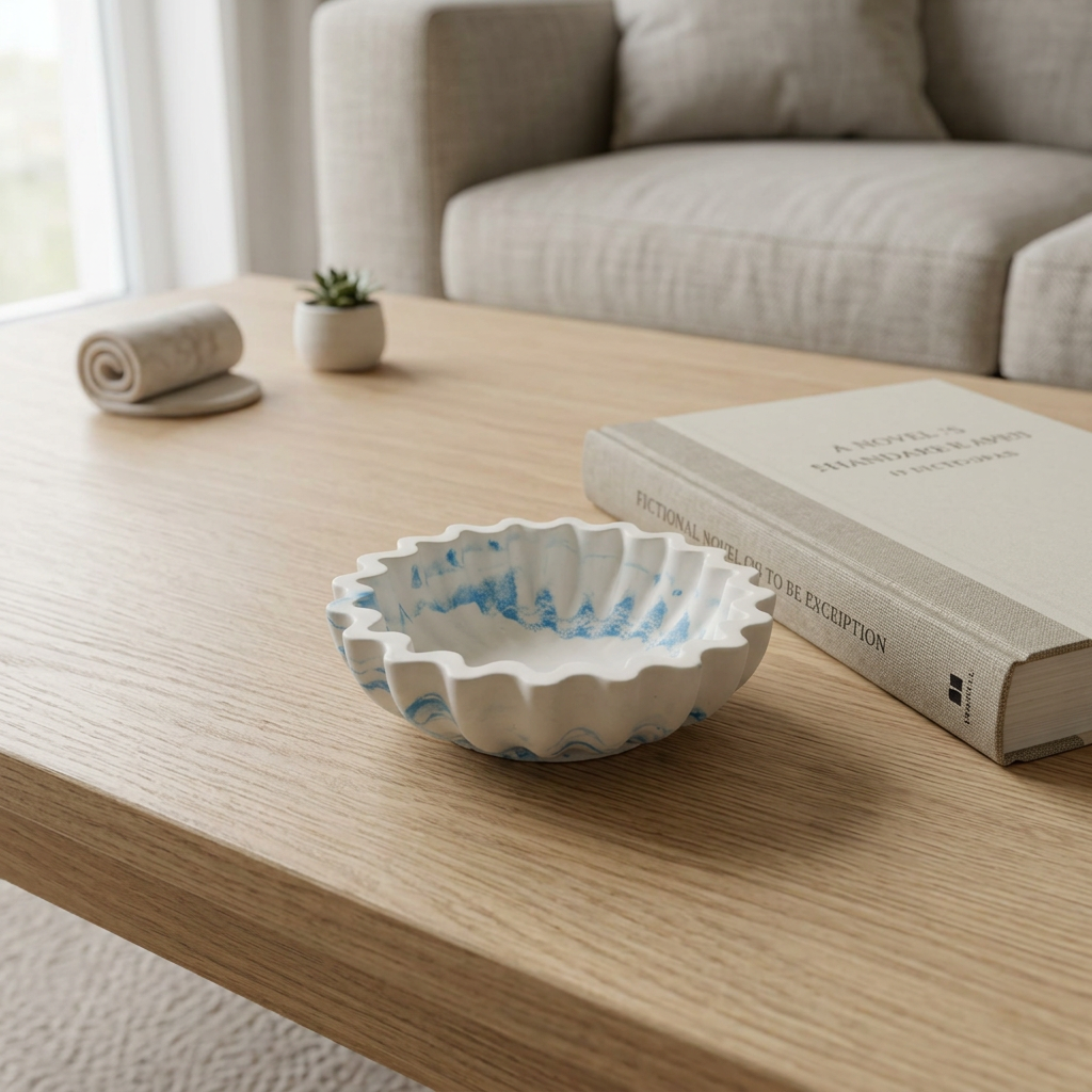 Coaster-sized scalloped dish on a contemporary coffee table