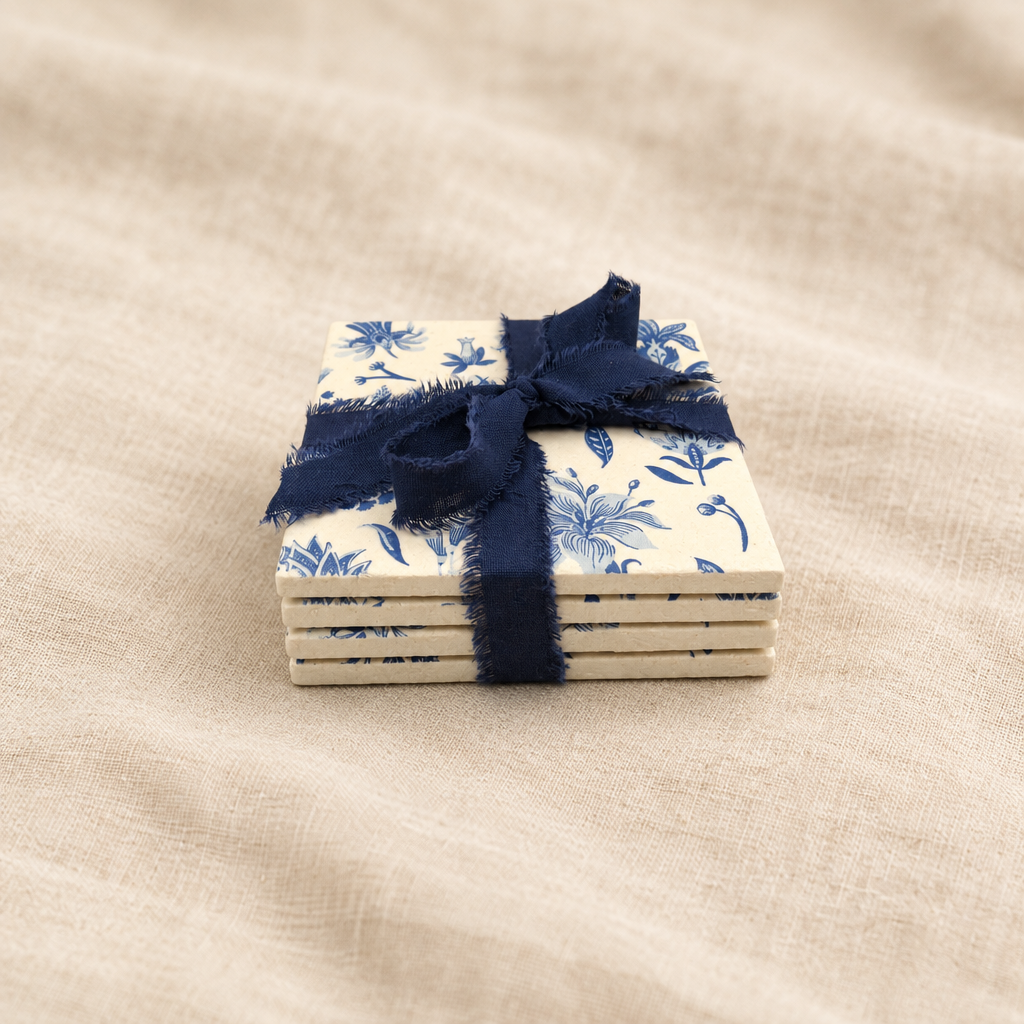 Coaster stack on soft linen background