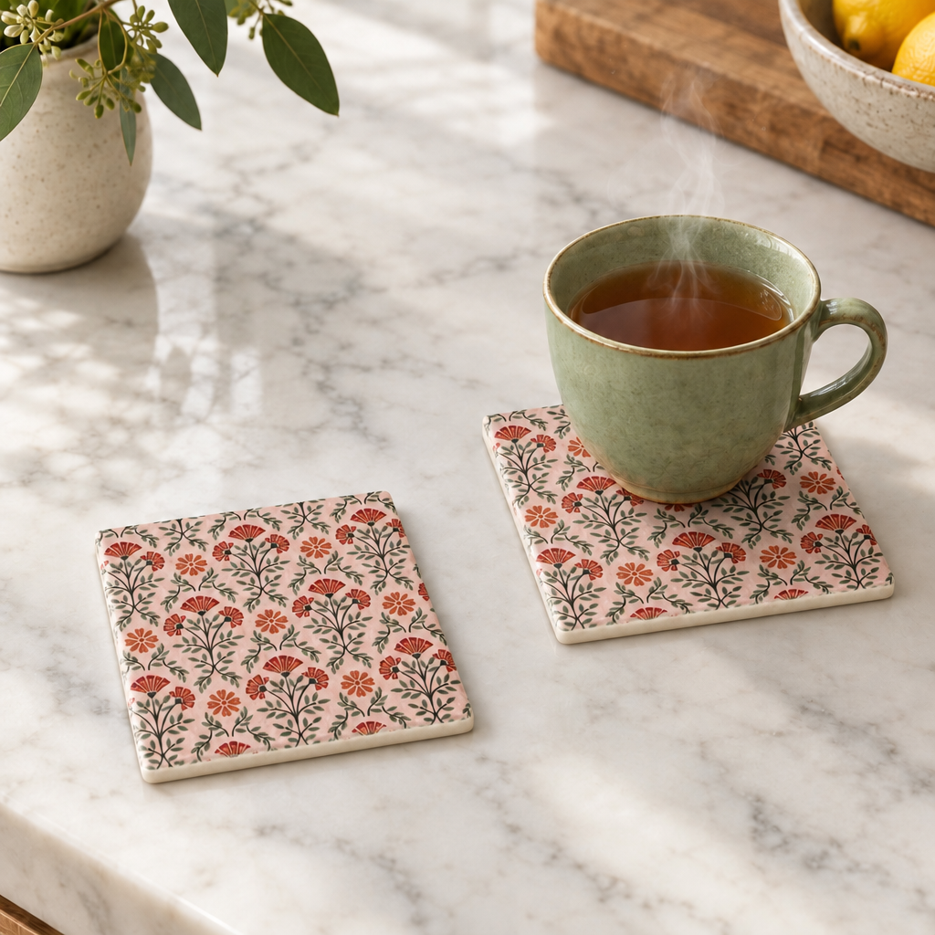 Coasters with off-white ceramic sides and green teacup