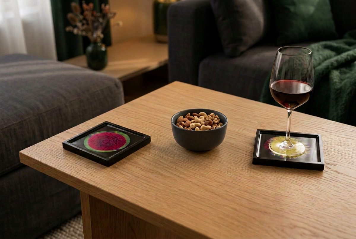 Cozy living-room scene with two floral coasters, a wine glass, and a small bowl of nuts