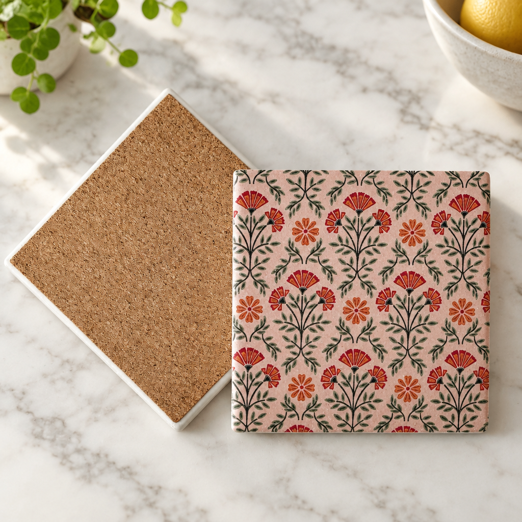 Dusty rose coaster on a marble kitchen island
