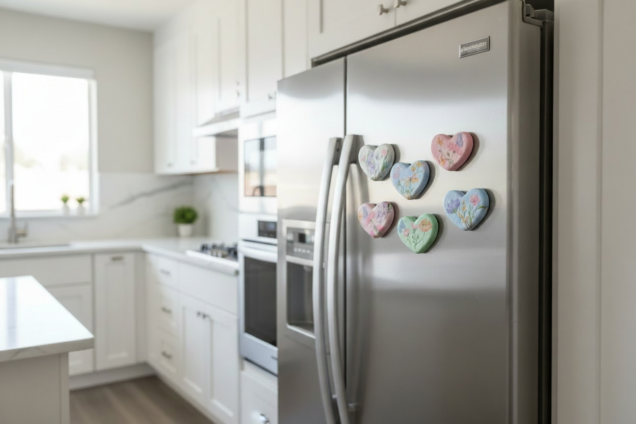 Floral Heart Magnets - Smaller on Stainless Fridge