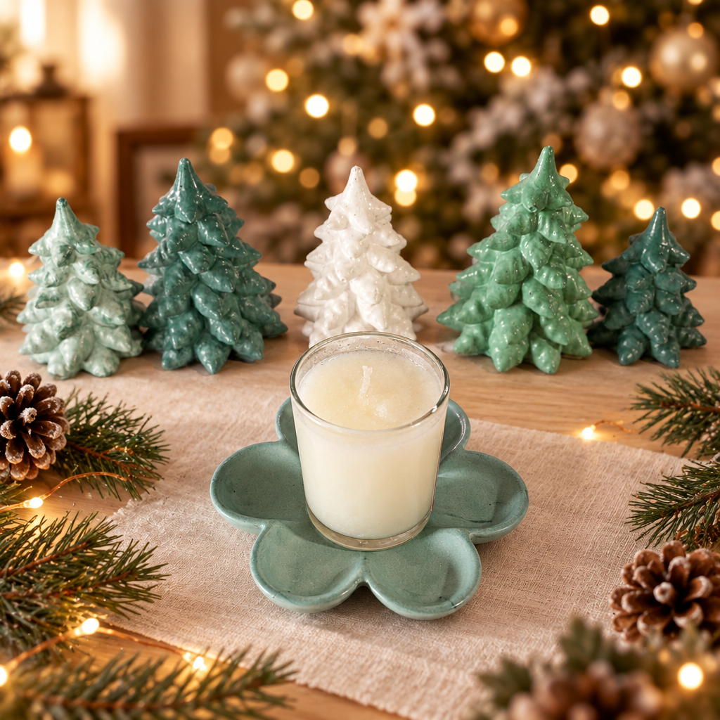 Green flower trinket dish with candle in a cozy holiday setting