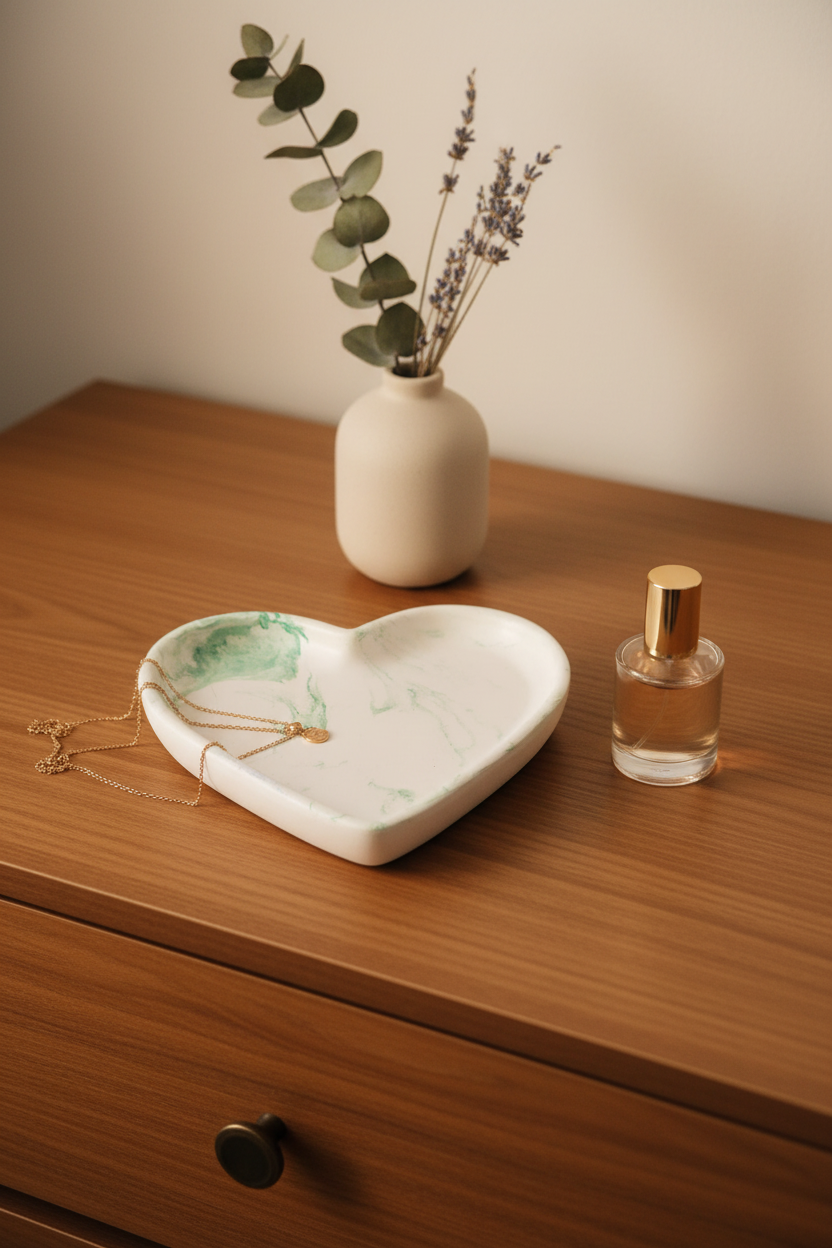 Green swirl heart tray on dresser