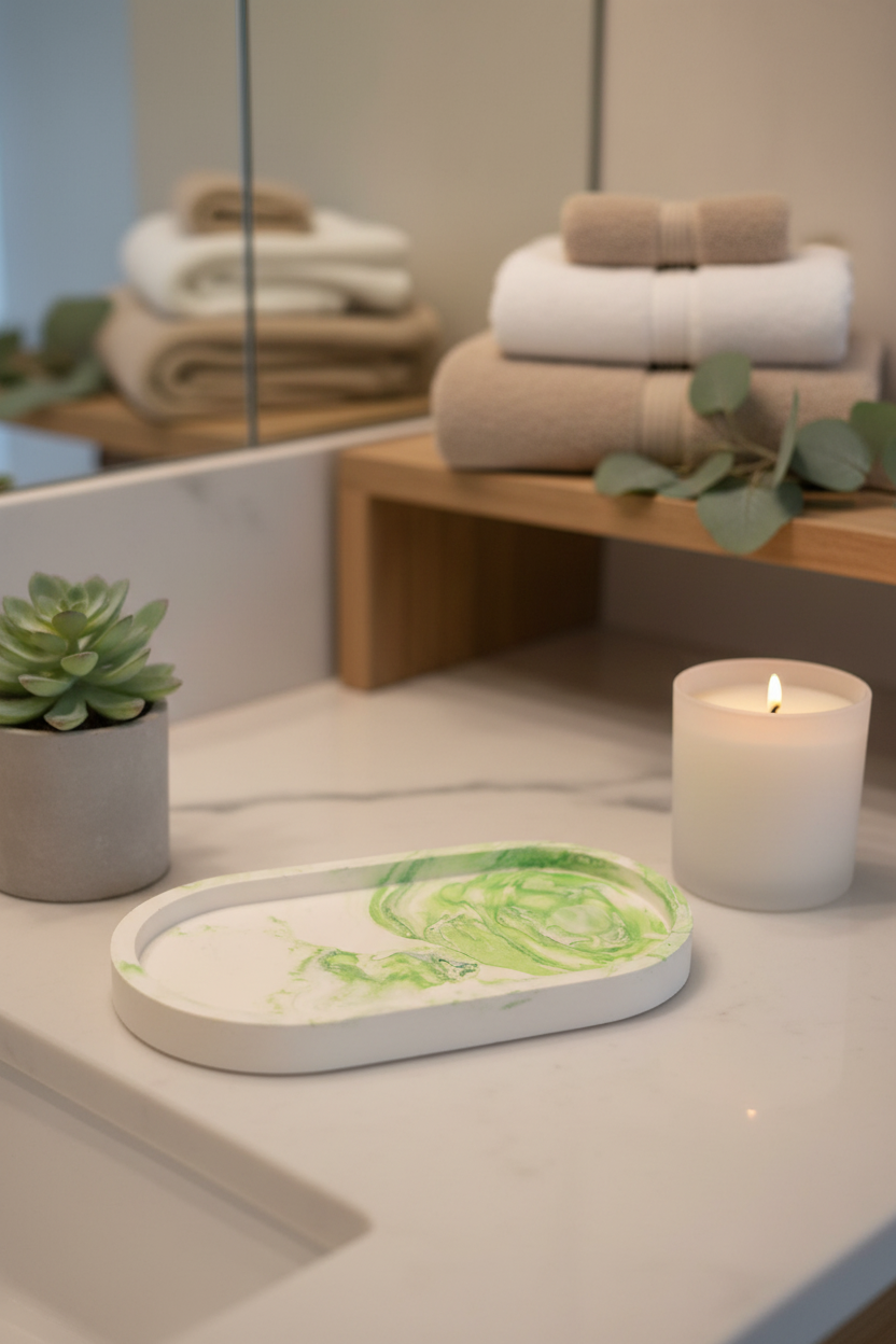 Green swirl tray on bathroom counter