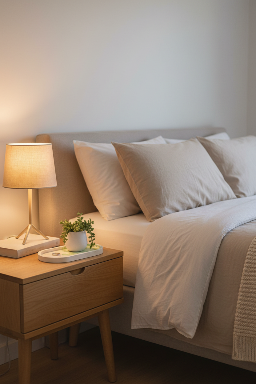 Green swirl tray on bedroom nightstand