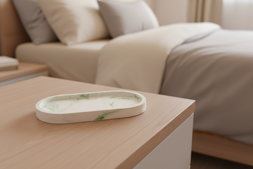 Green Swirl Tray Sitting on Nightstand