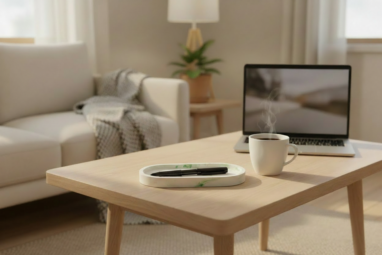 Green Swirl Tray with Pen on Coffee Table