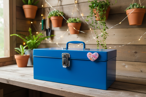 Heart Right, Latch Left on Blue Toolbox