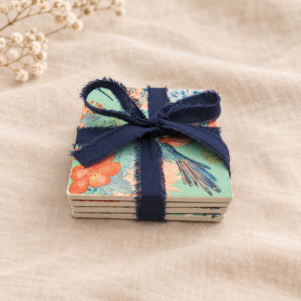 Hummingbird coaster stack on soft linen background