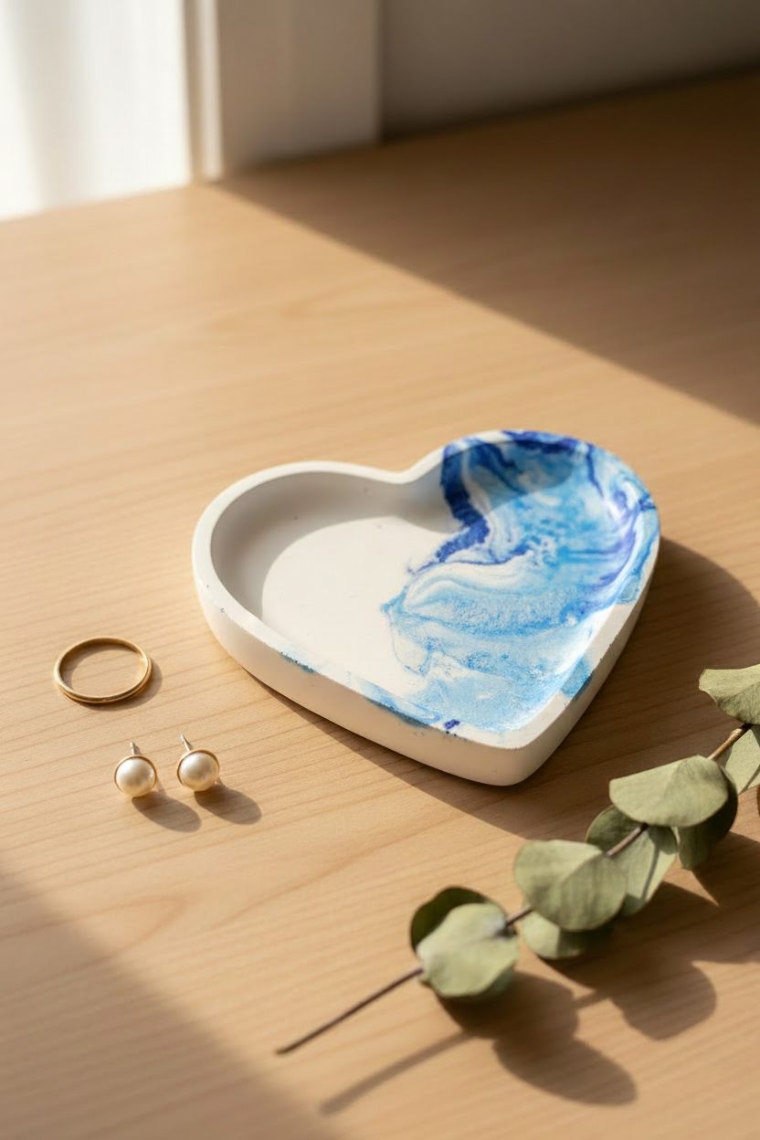 Handmade blue swirl plaster heart trinket dish styled on a wood vanity with gold ring and dried eucalyptus