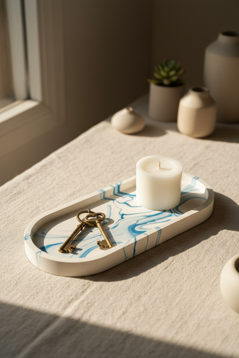 Handmade blue swirl plaster oblong tray styled on a linen surface with a candle and keys