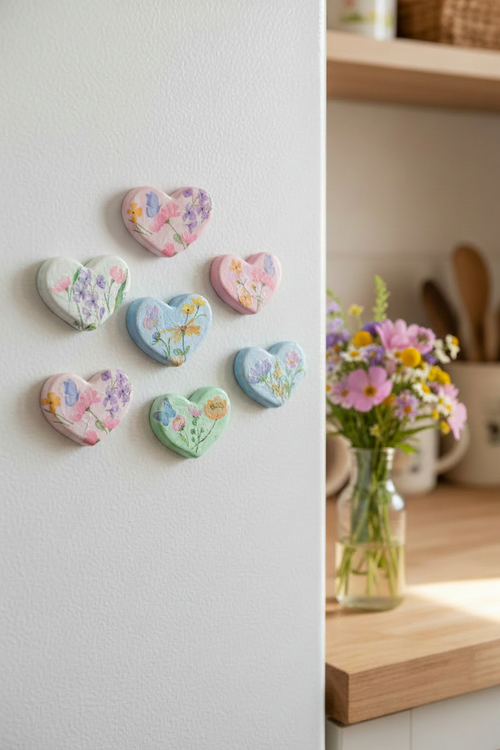 Six handmade floral decoupage heart magnets in pastel colors arranged on a white refrigerator door with wildflowers nearby