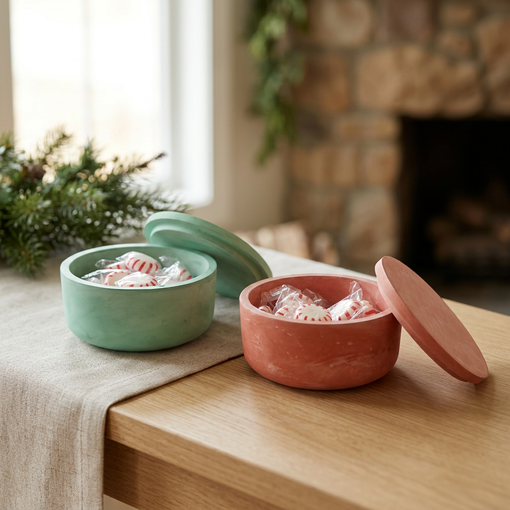 Lifestyle image of both handmade plaster candy bowls
