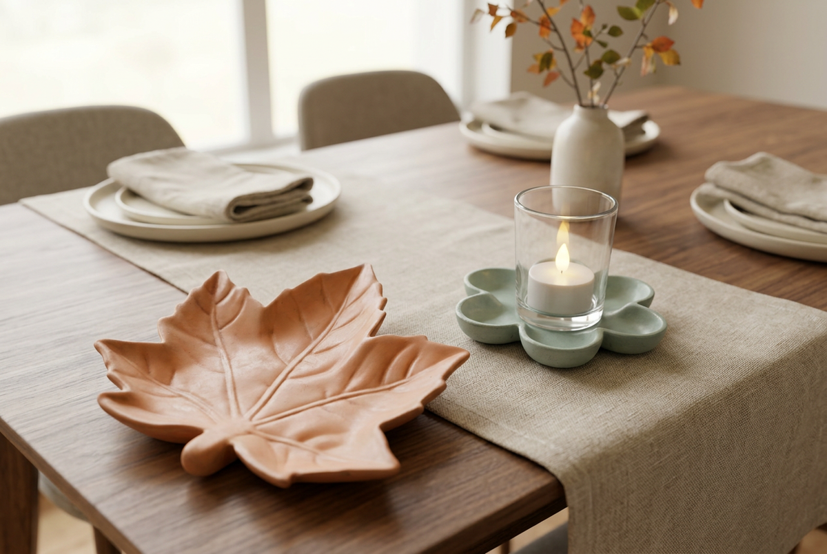Maple leaf dish and sage flower candle display styled on an autumn dining table