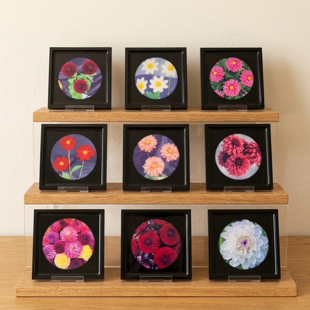 Nine floral coasters on a tiered wood display