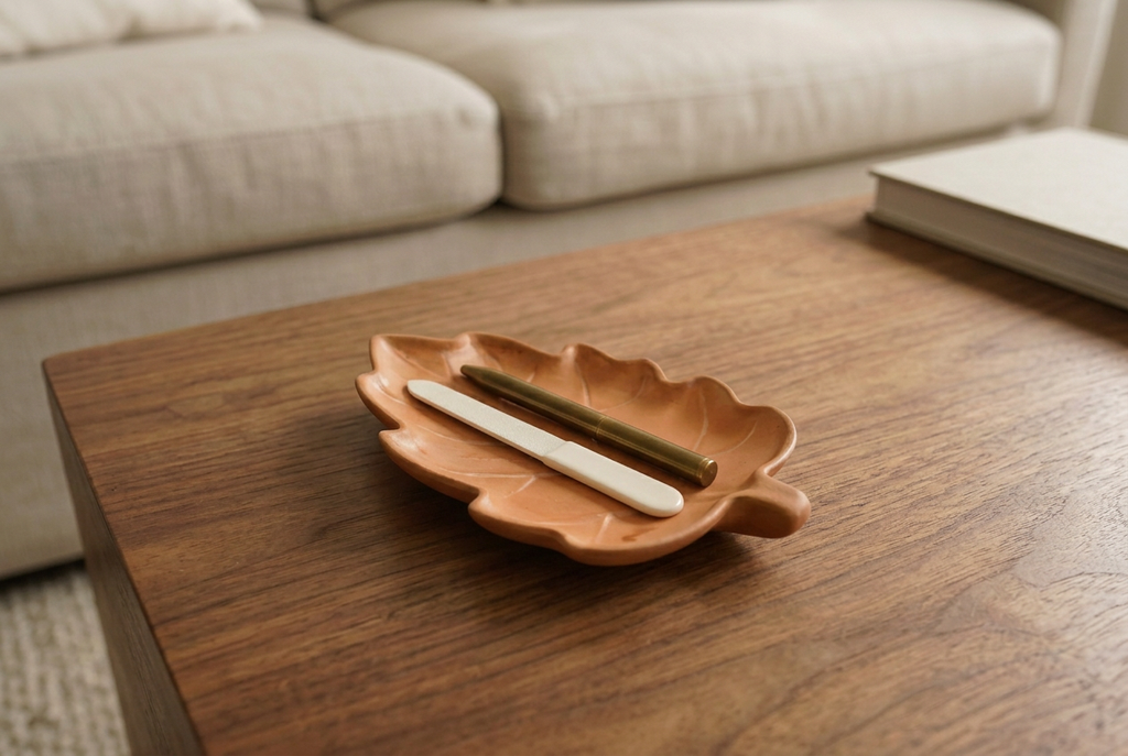Oak leaf dish holding a pen and ceramic nail file on a coffee table