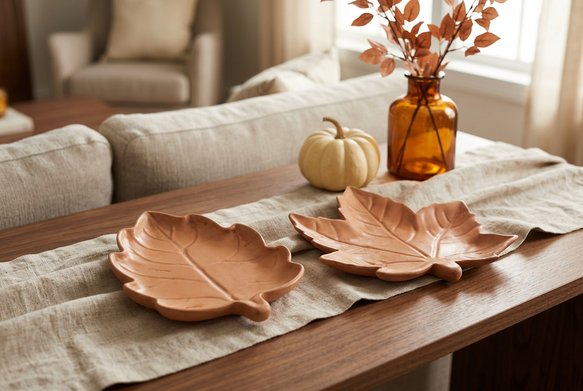 Orange leaf dishes styled with warm autumn decor on a walnut table