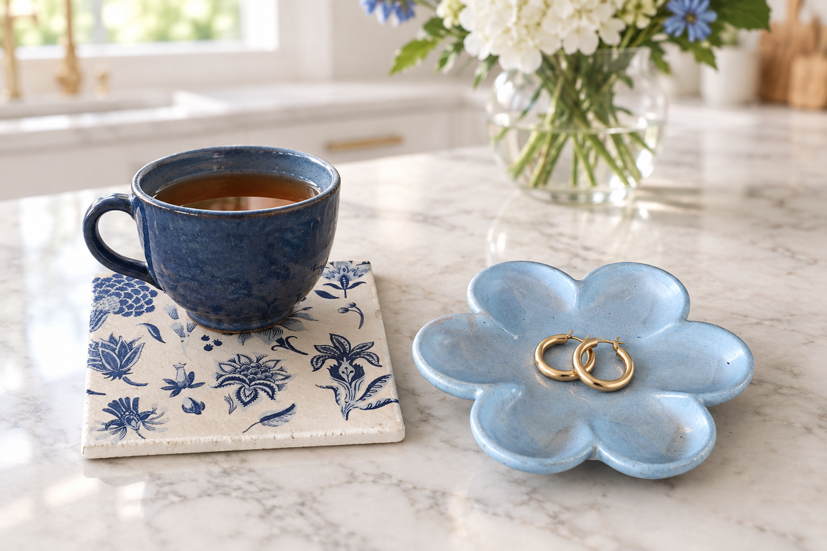 Original-style blue coaster and flower dish on a marble kitchen island with a navy teacup, gold hoops, and background flowers