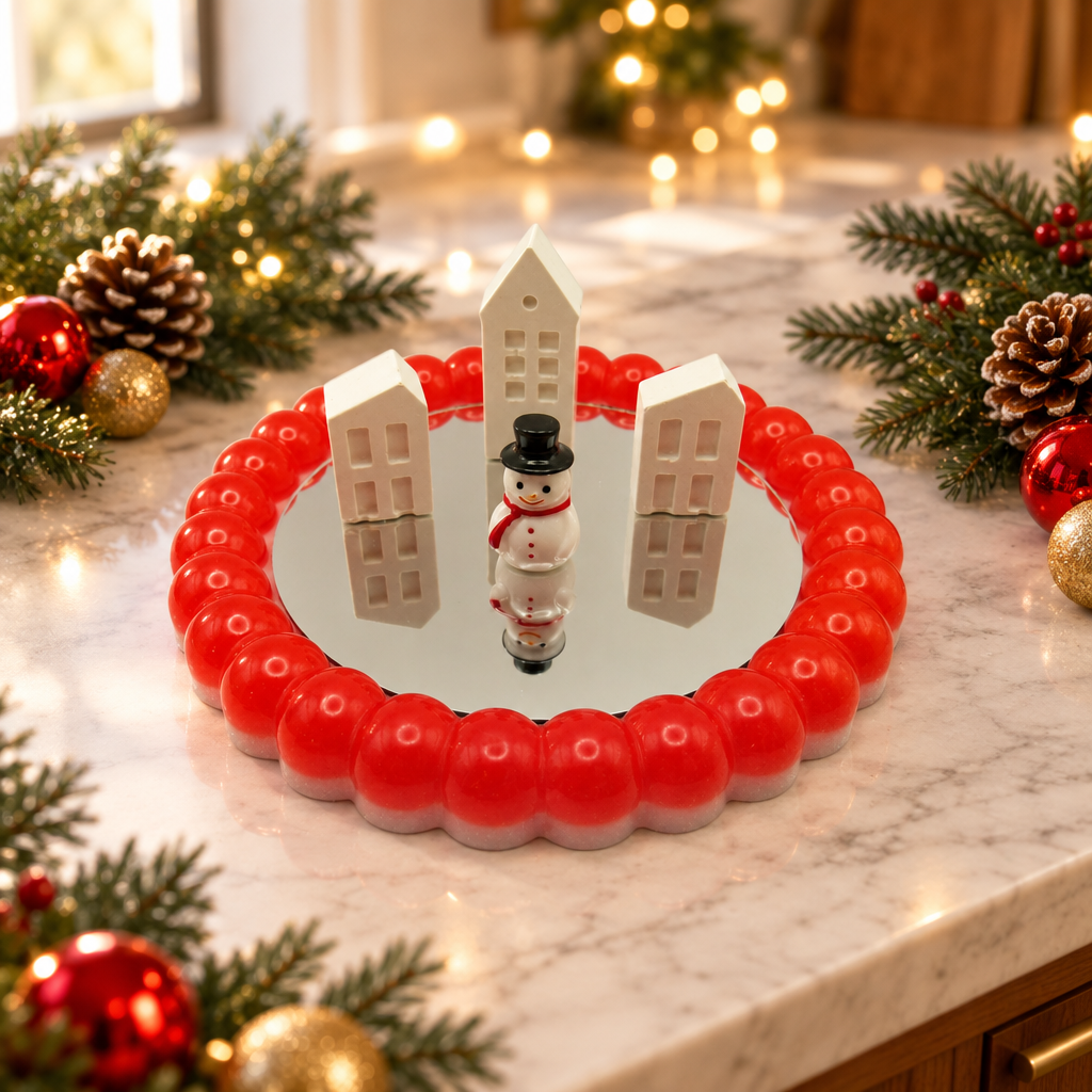 Red-rim mirrored tray with houses and snowman on a holiday kitchen counter