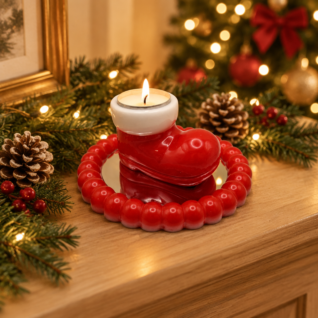 Red-rim mirrored tray with lit Santa boot in a holiday scene