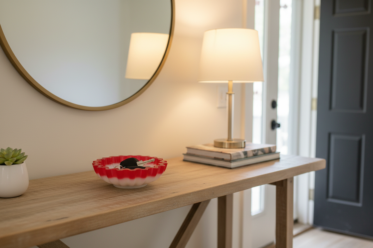 Red White Bowl on Entryway Table with Keys