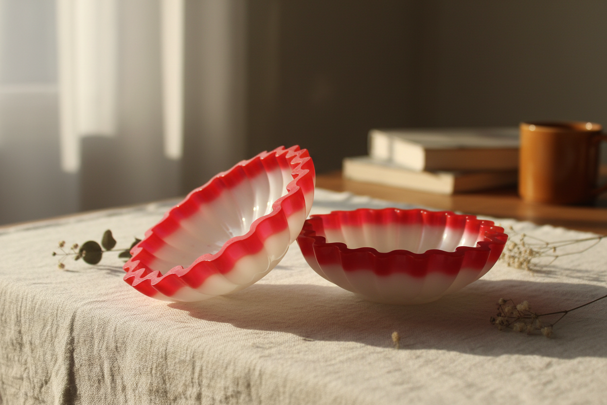 Red White Scalloped Trinket Bowl on White Linen