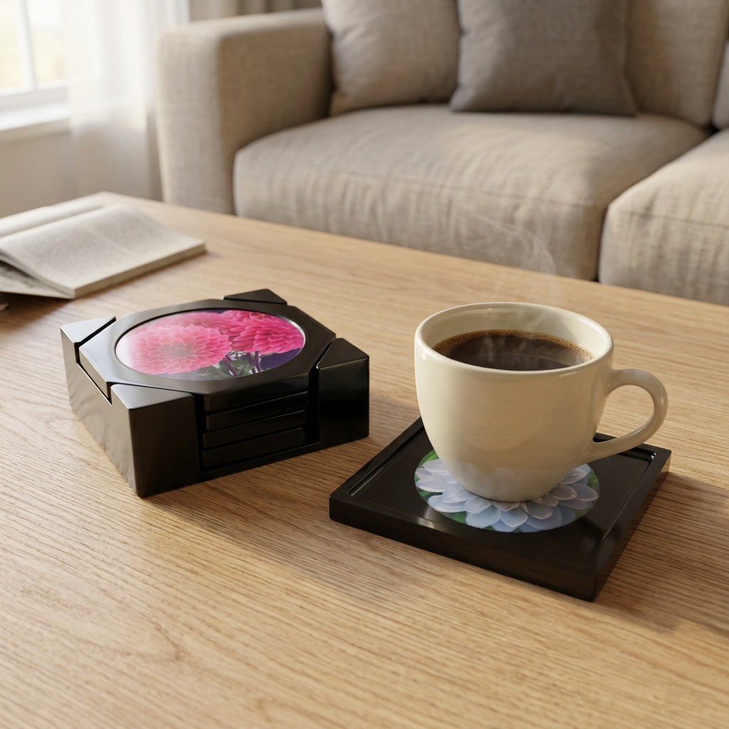 Resin coaster set beside coffee on the separate white-flower coaster