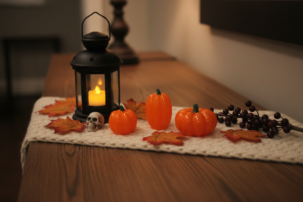 Resin Pumpkins on Entryway Table with Fall & Halloween Decor